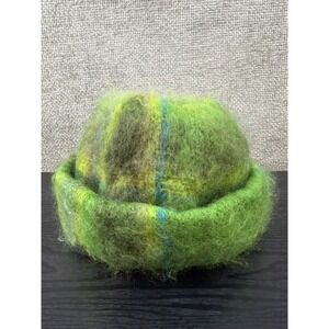 Donegal Design Mohair Wool Beanie Hat Green Plaid Ireland Wicklow Handcrafted